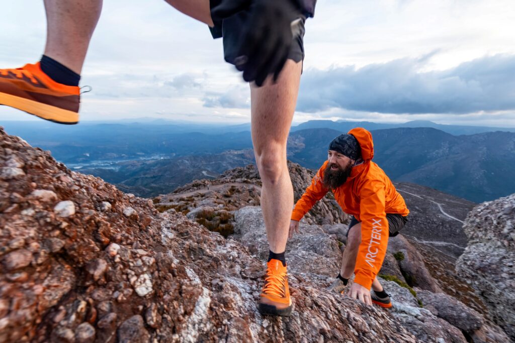 Skyrunning up technical rugged terrain