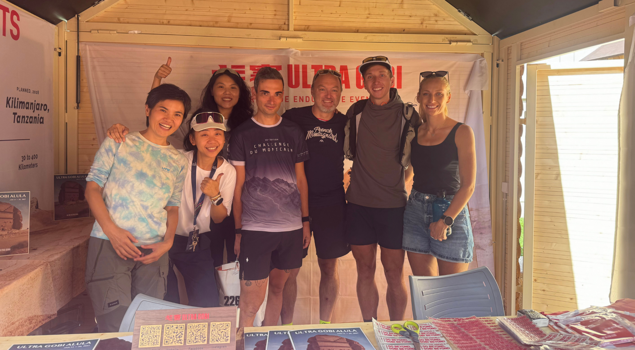 Ultra Gobi team and visitors at the Ultra Gobi booth during UTMB Week in Chamonix, 2026.