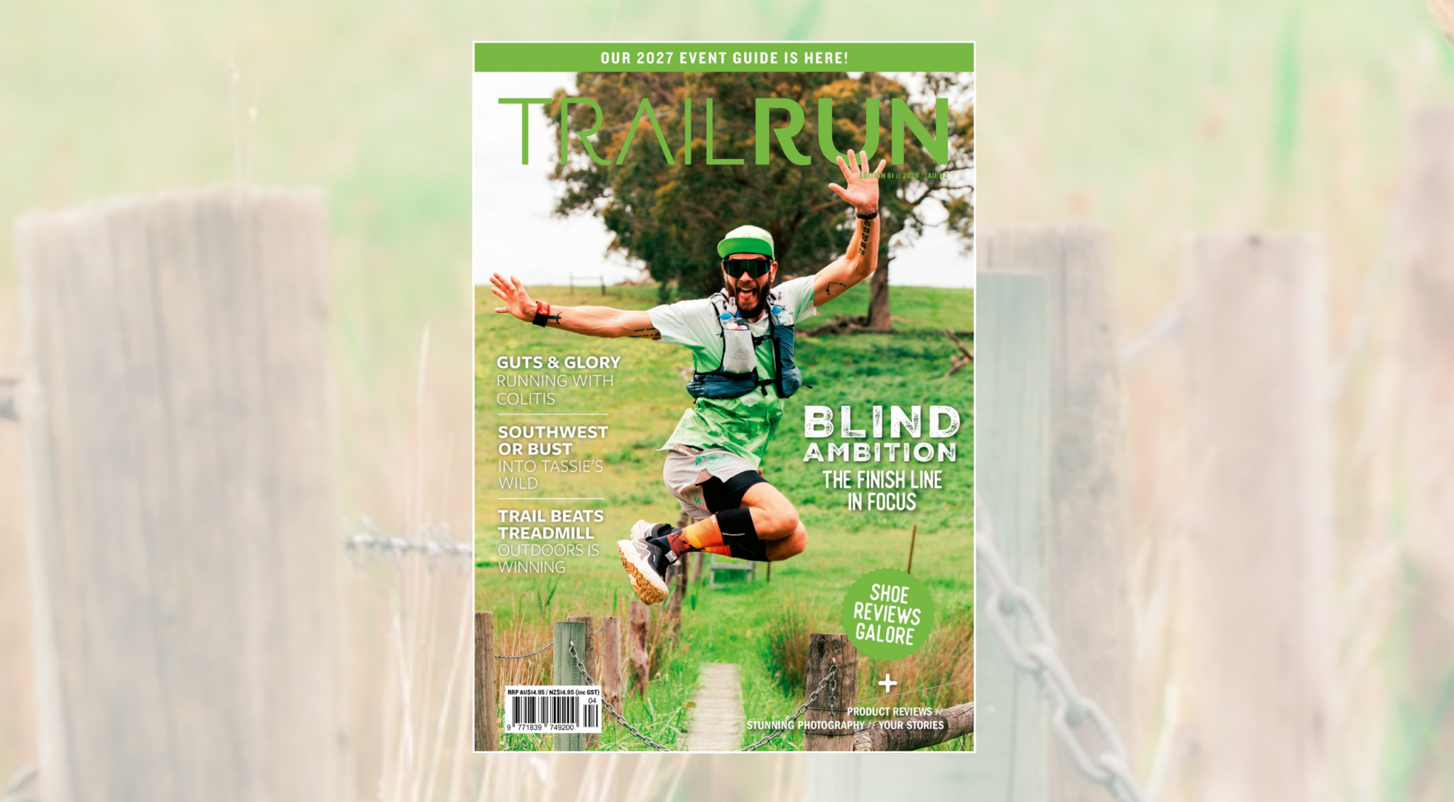 Cover of Trail Run Magazine Issue 61 with a runner jumping in the air on a trail.